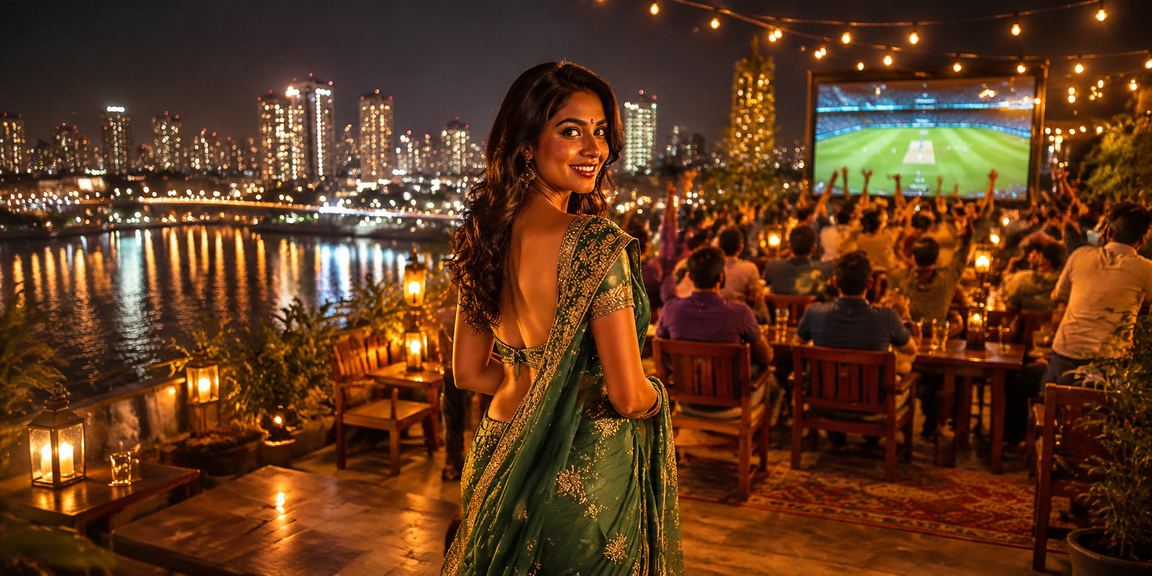 Indian female player enjoying online casino betting in traditional saree