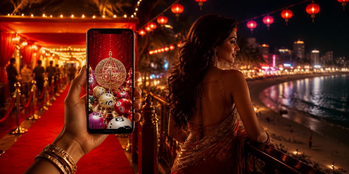Indian lottery ticket with Bollywood-style graphics and festive setting